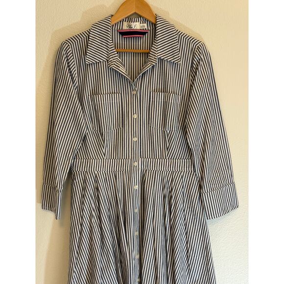 ELIZA J DRESS Shirt Dress Blue White Stripe Button Down Cotton Fit Flare Size 12 - Picture 4 of 8